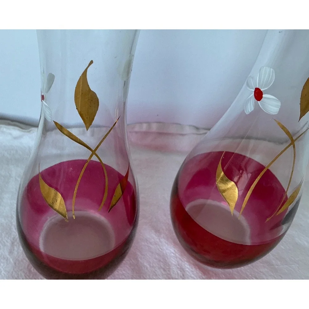 Bartlett Collins Vintage Glass Bud Vases Cranberry Red‎ Hand Painted Floral 8